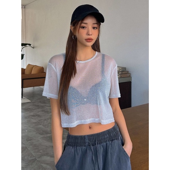 minimalist y2k See Through Crop Mesh Top Without Bra - Picture 8 of 9